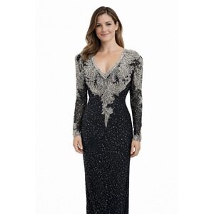 Vintage‎ Fully Beaded Black Silver Evening Gown XL 14 Sequin Long Dress Art Deco